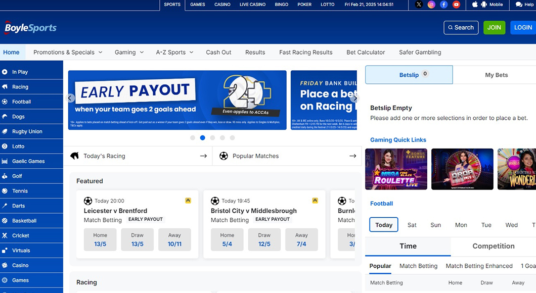 Sports betting on the BoyleSports website