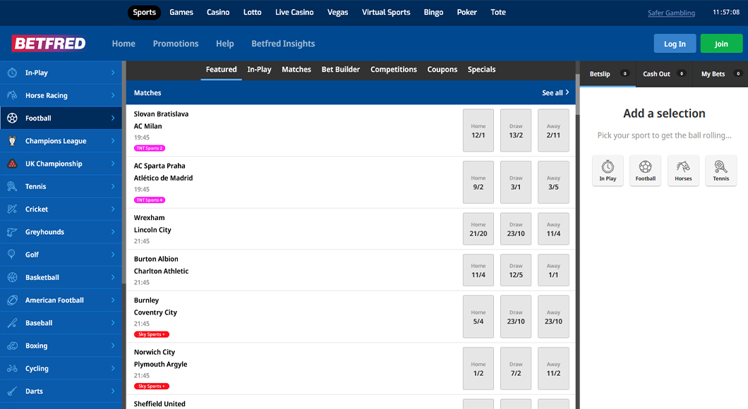 Football betting on the Betfred website.