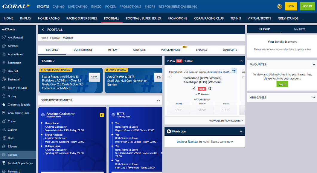 Football betting on the Coral website.