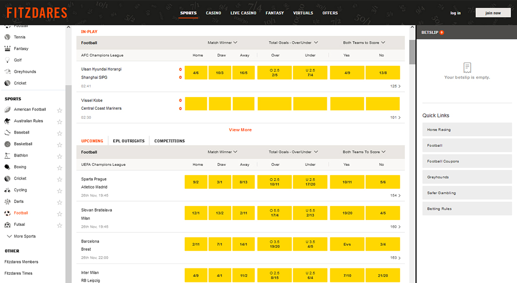 Football betting on the Fitzdares website.