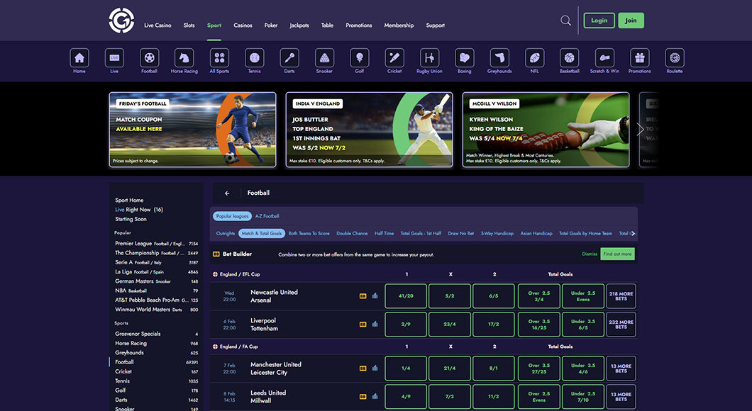 Football betting on the Grosvenor website.