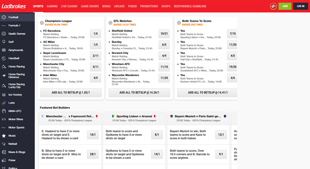 Football betting on the Ladbrokes website.