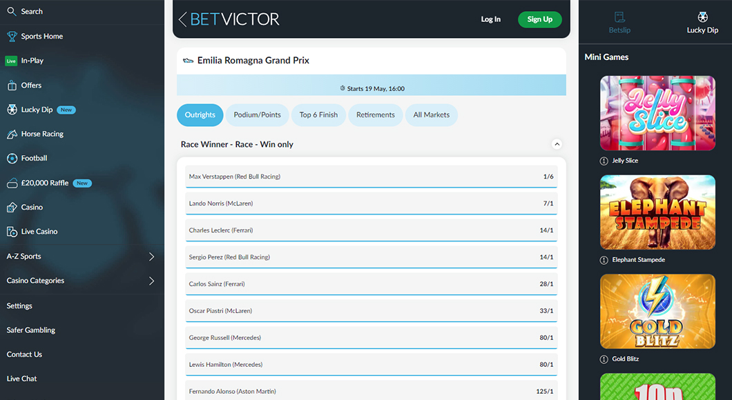 Formula 1 Betting on the BetVictor website.