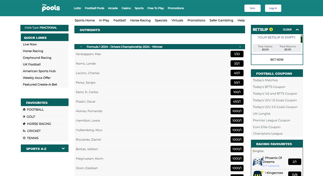 Formula 1 Betting on the The Pools website.