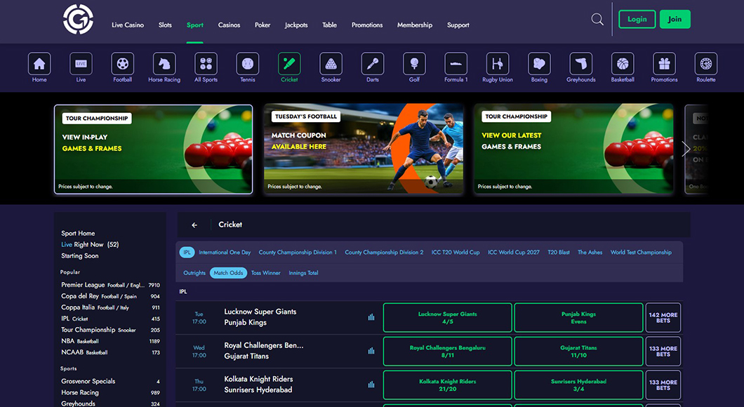 Cricket betting markets at Grosvenor Sports