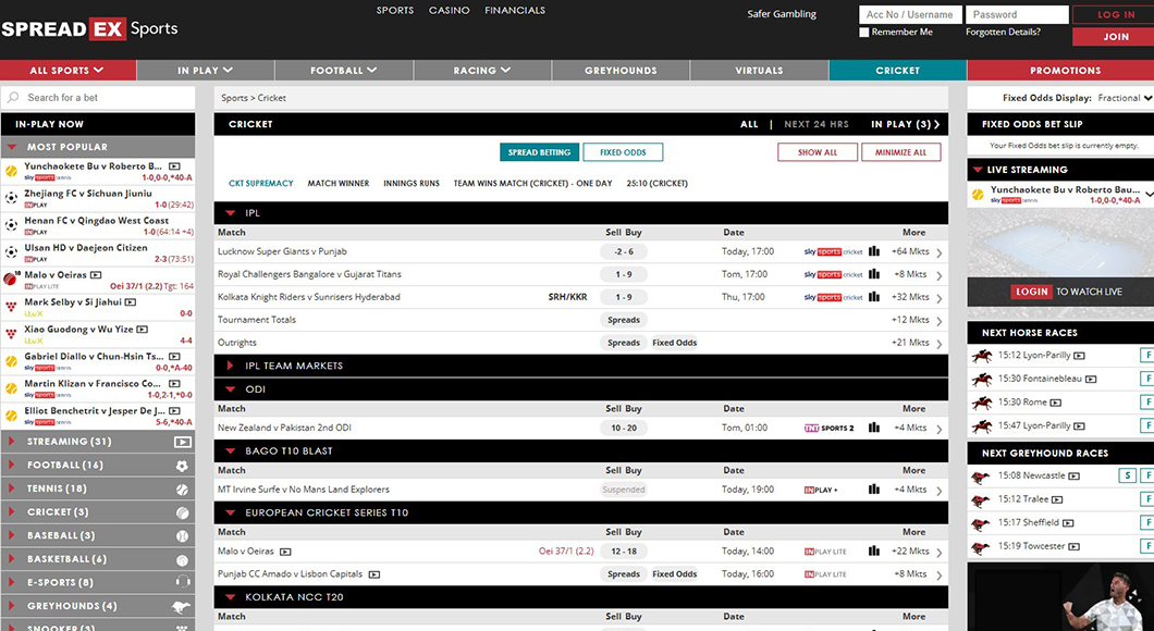 Cricket betting markets at Spreadex