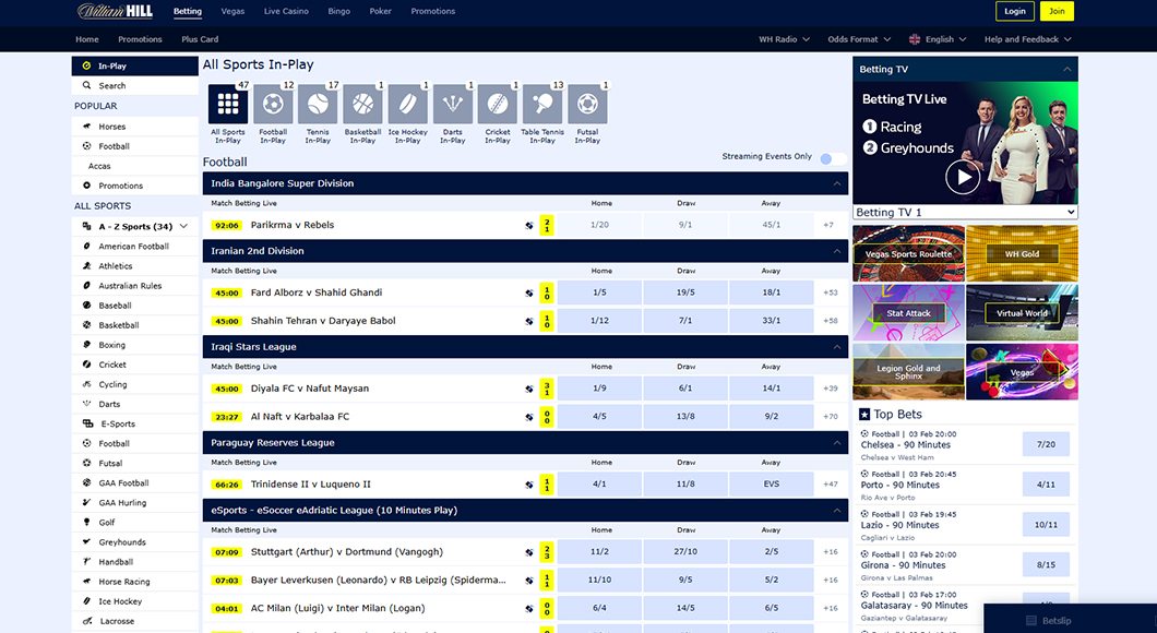 In-play betting on the William Hill website