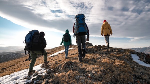 Vier Leute beim Wandern auf einem Berg