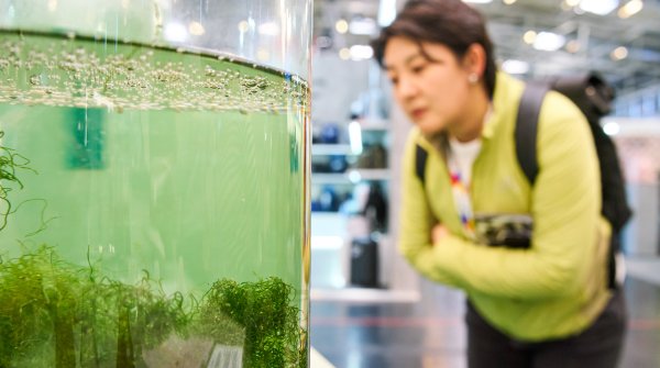 Person auf der ISPO 2024 schaut sich nachhaltige Biomaterialien an